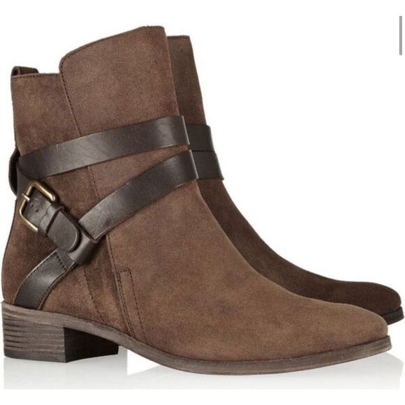 SEE BY CHLOE Suede Ankle Boot Brown Leather Buckle Strap Low Heel, $575 - Picture 2 of 7